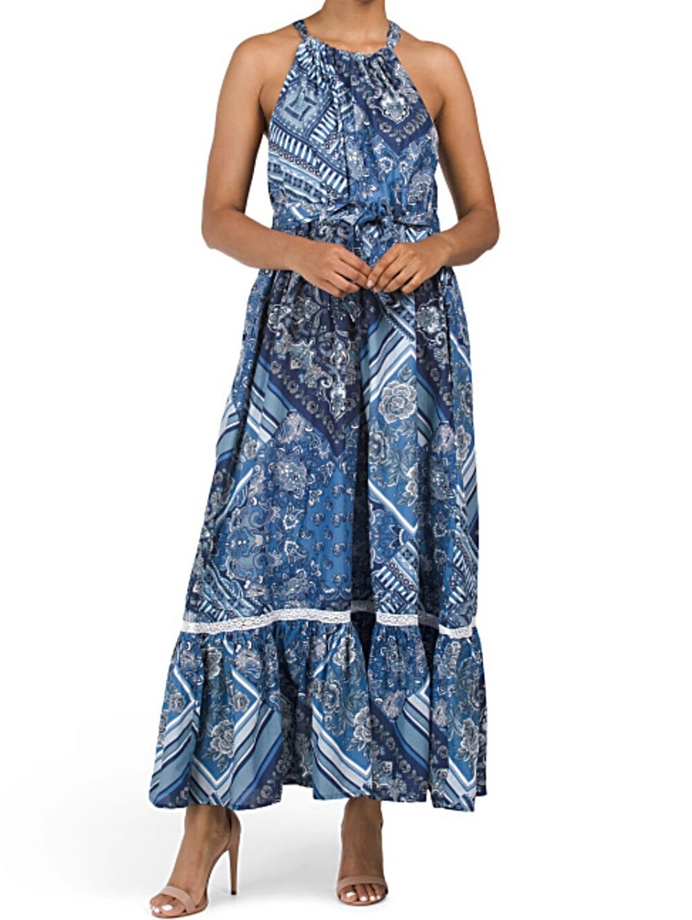 Lucky Brand Womens Halter Tie Neck Cinched Waist Maxi Dress Small